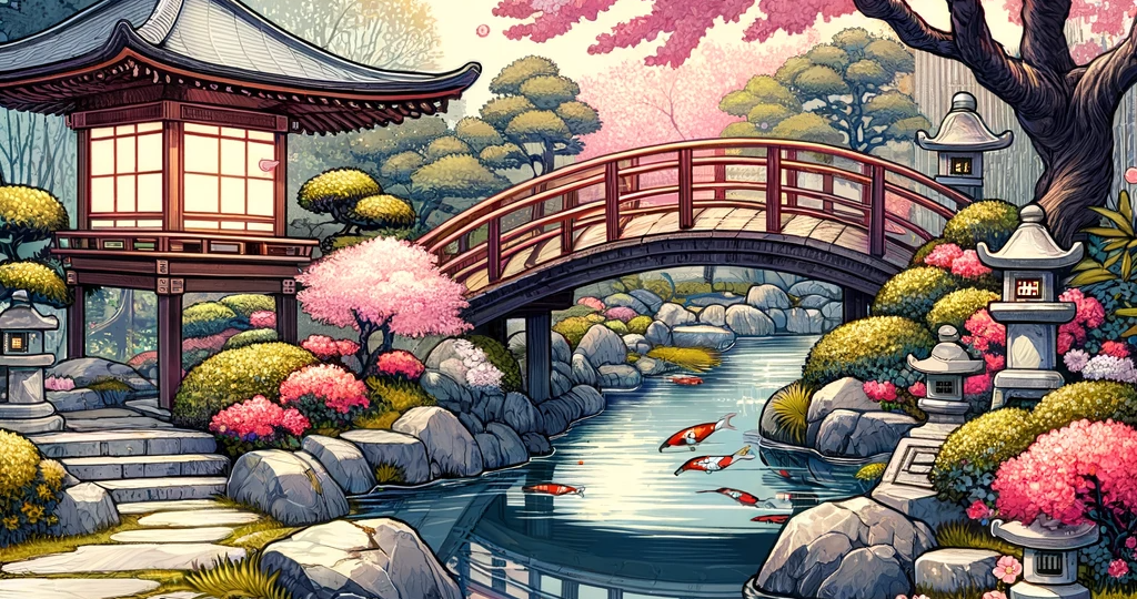 DALL·E 2023-10-29 12.36.21 – Illustration of a tranquil Japanese garden with a koi pond surrounded by cherry blossom trees in full bloom. Stone lanterns and a wooden bridge add to